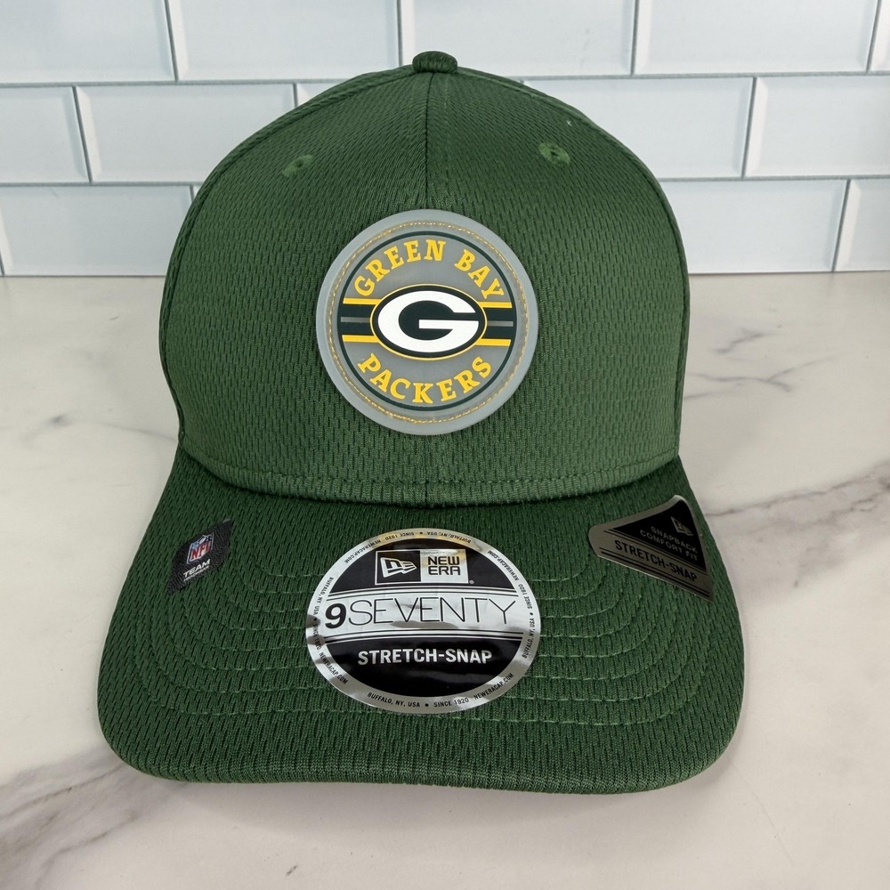 Green Bay Packers Hat Cap Snap Back Mens Green Rubber Patch Stretch Snap New Era